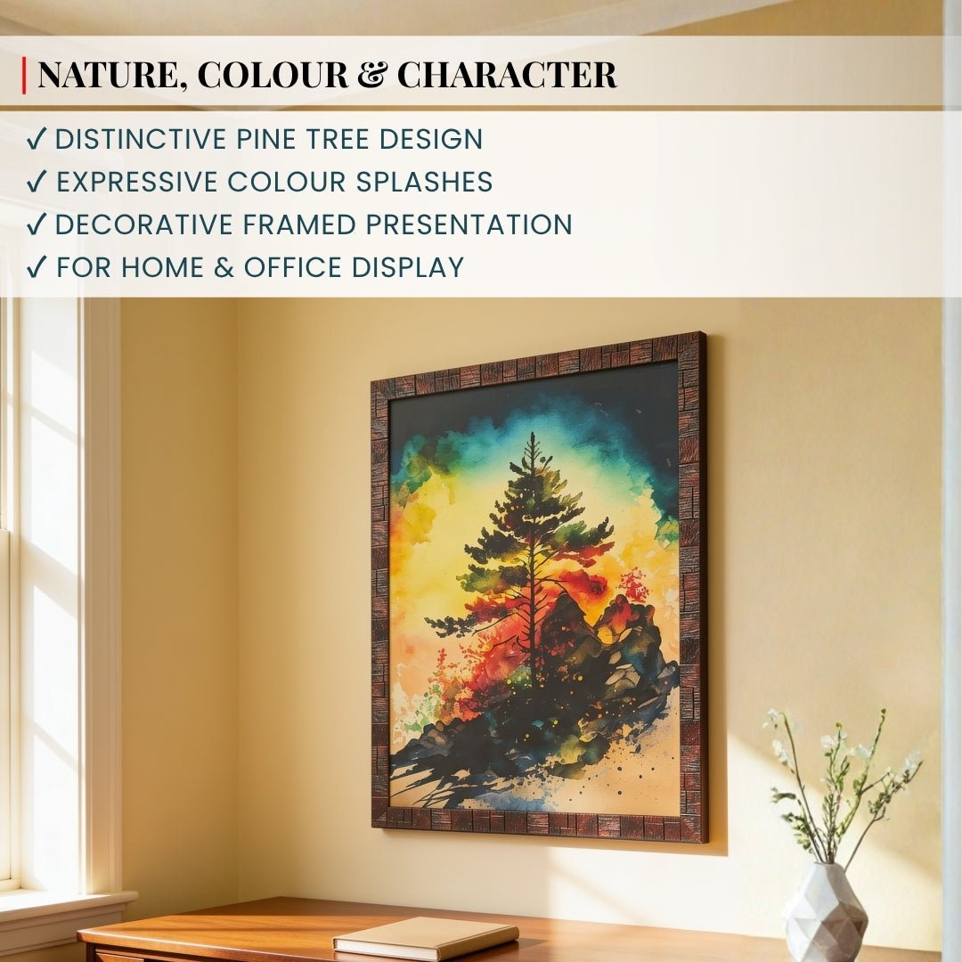 Scale graphic showing height, width, and frame depth measurements for framed pine tree wall art