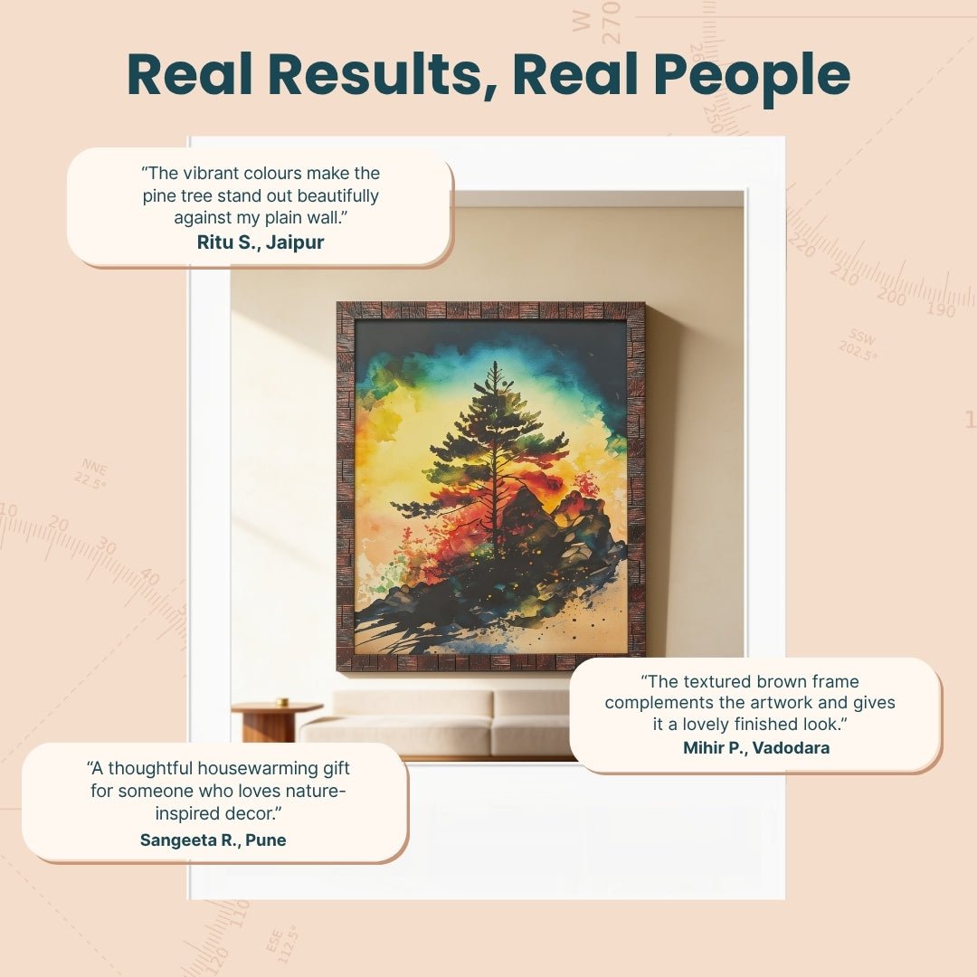 Framed pine tree painting securely packaged with corner guards and bubble wrap in gift-ready shipping box