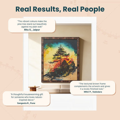 Framed pine tree painting securely packaged with corner guards and bubble wrap in gift-ready shipping box