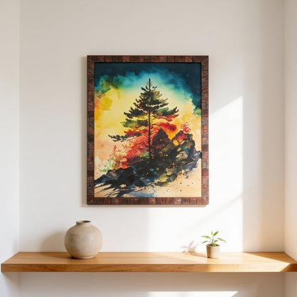 Framed pine tree painting featuring evergreen forest landscape in modern wooden frame