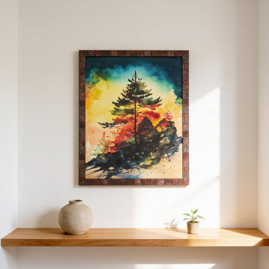 Framed pine tree painting featuring evergreen forest landscape in modern wooden frame