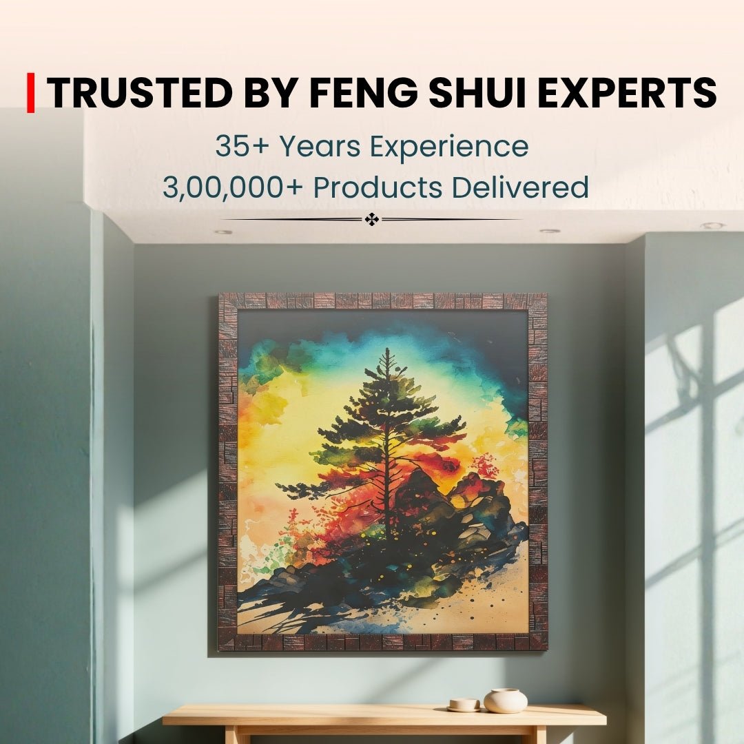 Pine tree art infographic highlighting Feng Shui longevity symbolism, resilience, and East wall Vastu placement
