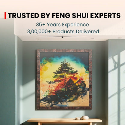 Pine tree art infographic highlighting Feng Shui longevity symbolism, resilience, and East wall Vastu placement