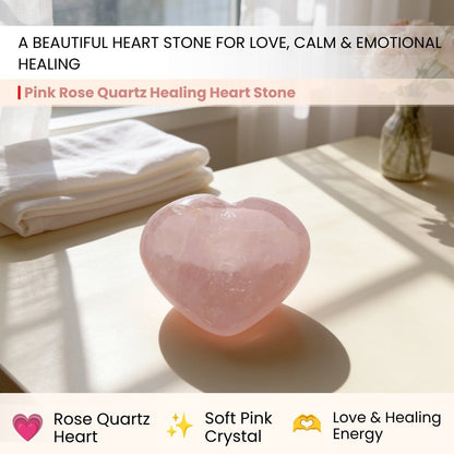 close-up of the carved heart shape and polished rose quartz surface