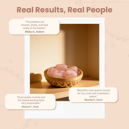 200 gm rose quartz tumbled pebbles arranged inside the included basket