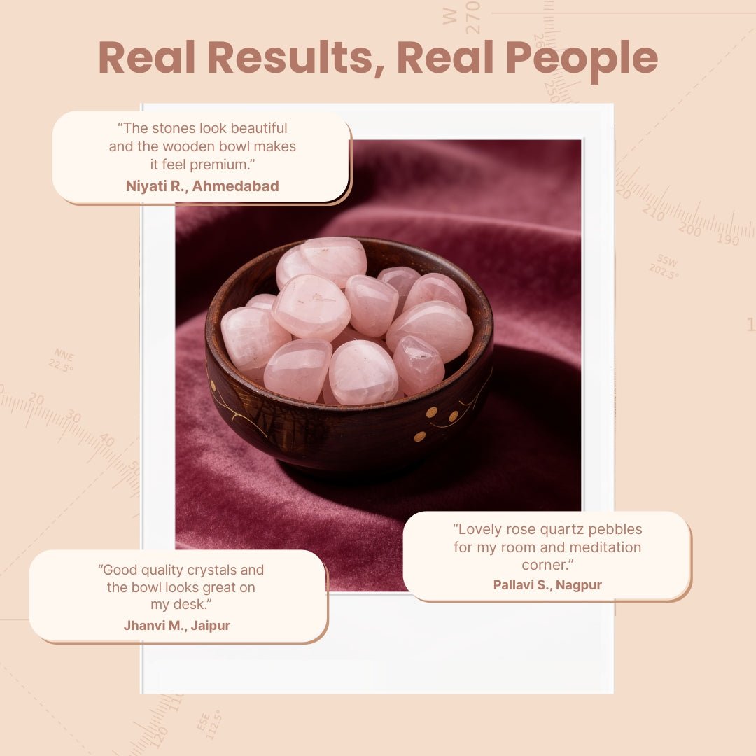 200 gm rose quartz tumbled pebbles arranged inside the wooden bowl