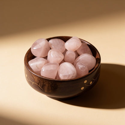 pink rose quartz natural tumbled pebbles in a 200 gm wooden bowl