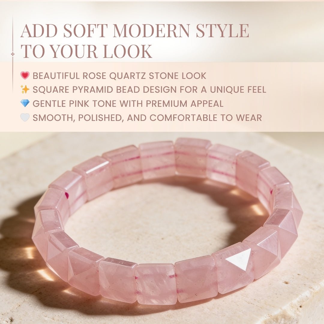 Pink Rose Quartz Square Pyramid Beads Bracelet for Love Relationship Marriage - plusvalueindia