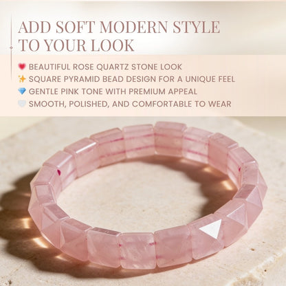 Pink Rose Quartz Square Pyramid Beads Bracelet for Love Relationship Marriage - plusvalueindia