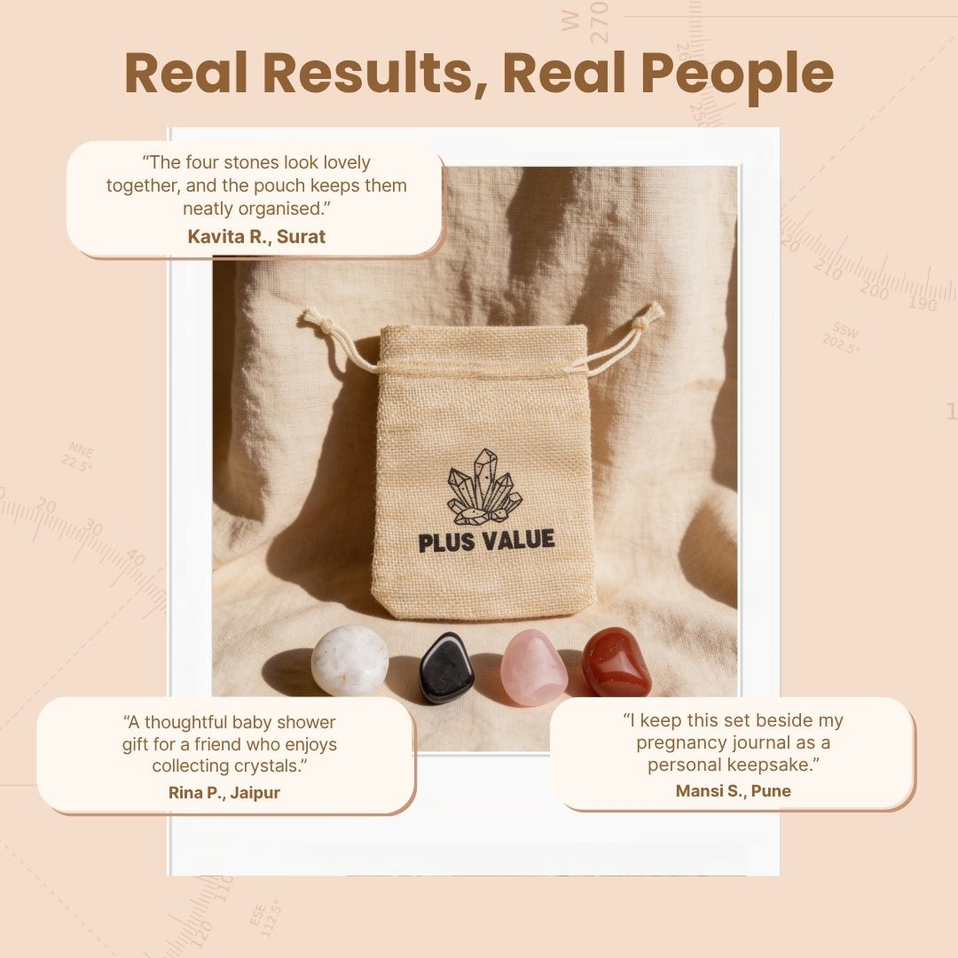 Pregnancy pocket crystal set displayed beside maternal affirmation guide card in gift-ready packaging