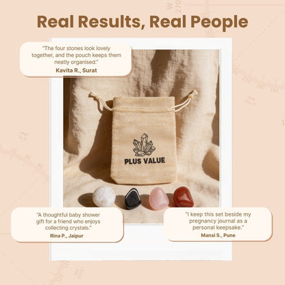 Pregnancy pocket crystal set displayed beside maternal affirmation guide card in gift-ready packaging