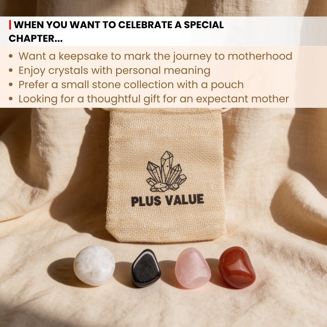 Scale measurement graphic showing 15 mm to 25 mm natural tumbled stones included in the pregnancy crystal set