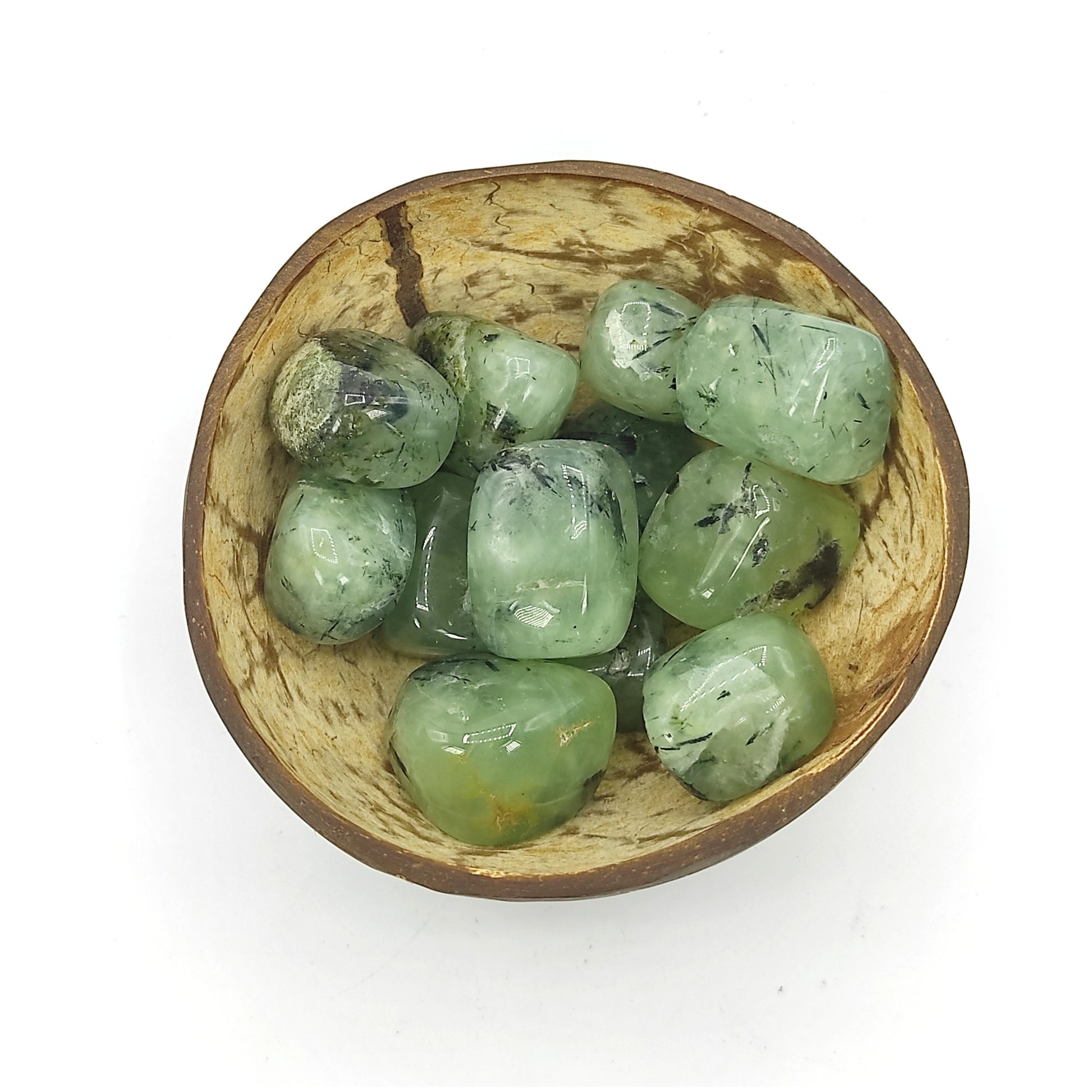 prehnite tumbled stone pebble coconut bowl crystal reiki healing