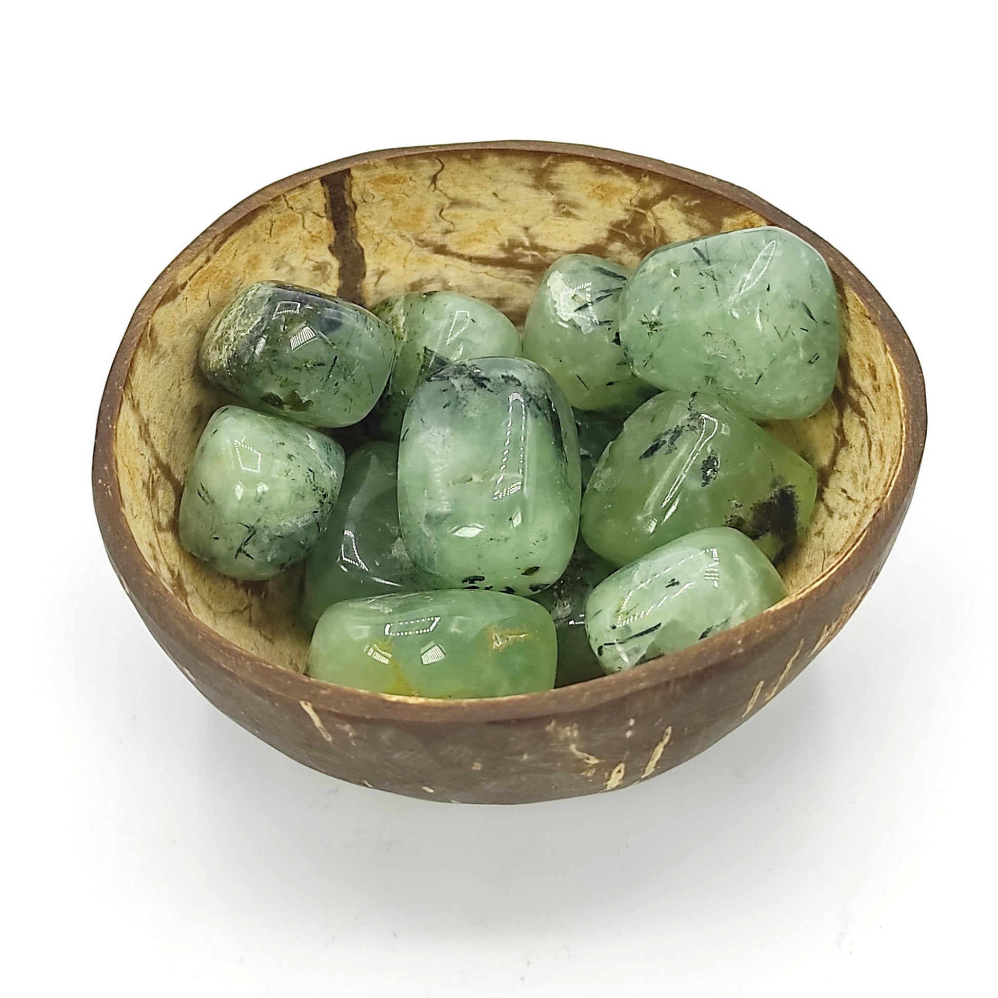 prehnite tumbled stone pebble coconut bowl healing reiki crystal