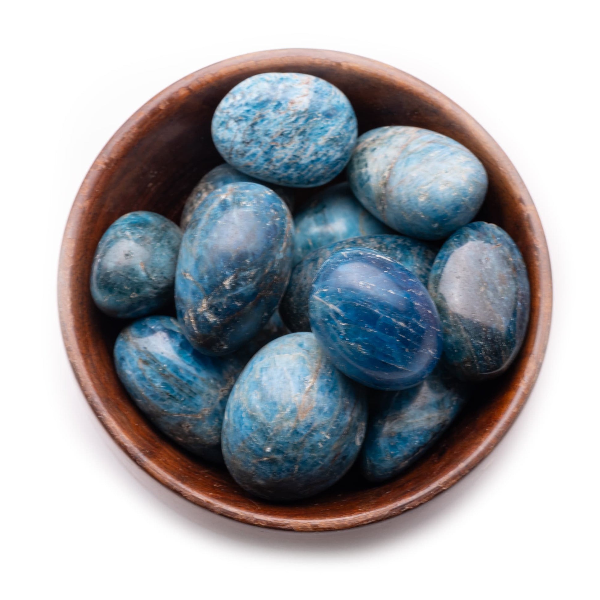 premium blue apatite tumble pebble stone 300gm wooden bowl