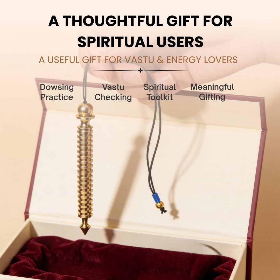 Premium Long Brass Dowsing Pendulum with Dowsing Charts & Attractive Jute Bag - plusvalueindia