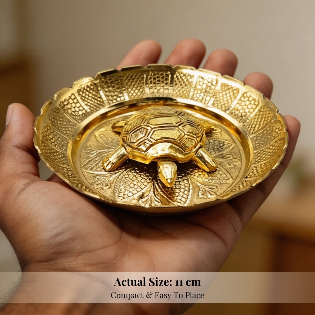 Premium Handicraft Vastu Feng Shui Brass Tortoise Turtle With Plate [Career Growth, Good Luck, Job Opportunities] - plusvalueindia