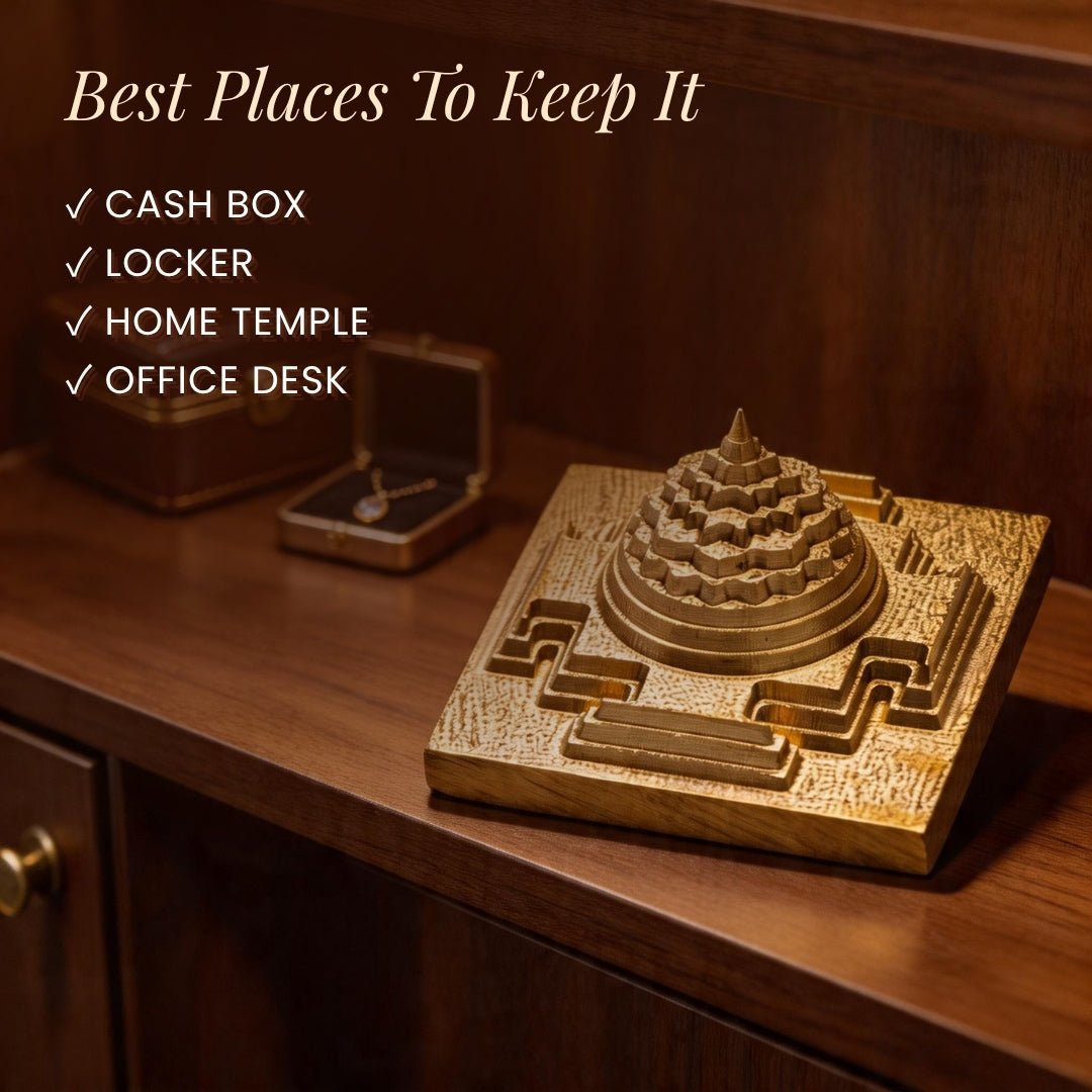 Meru Shri Yantra Gold Plated - 3D Vastu Yantra for Wealth & Prosperity, Home & Office Pooja, CNC Cut - plusvalueindia