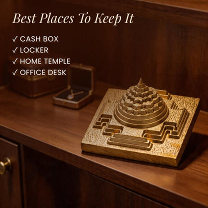 Meru Shri Yantra Gold Plated - 3D Vastu Yantra for Wealth & Prosperity, Home & Office Pooja, CNC Cut - plusvalueindia