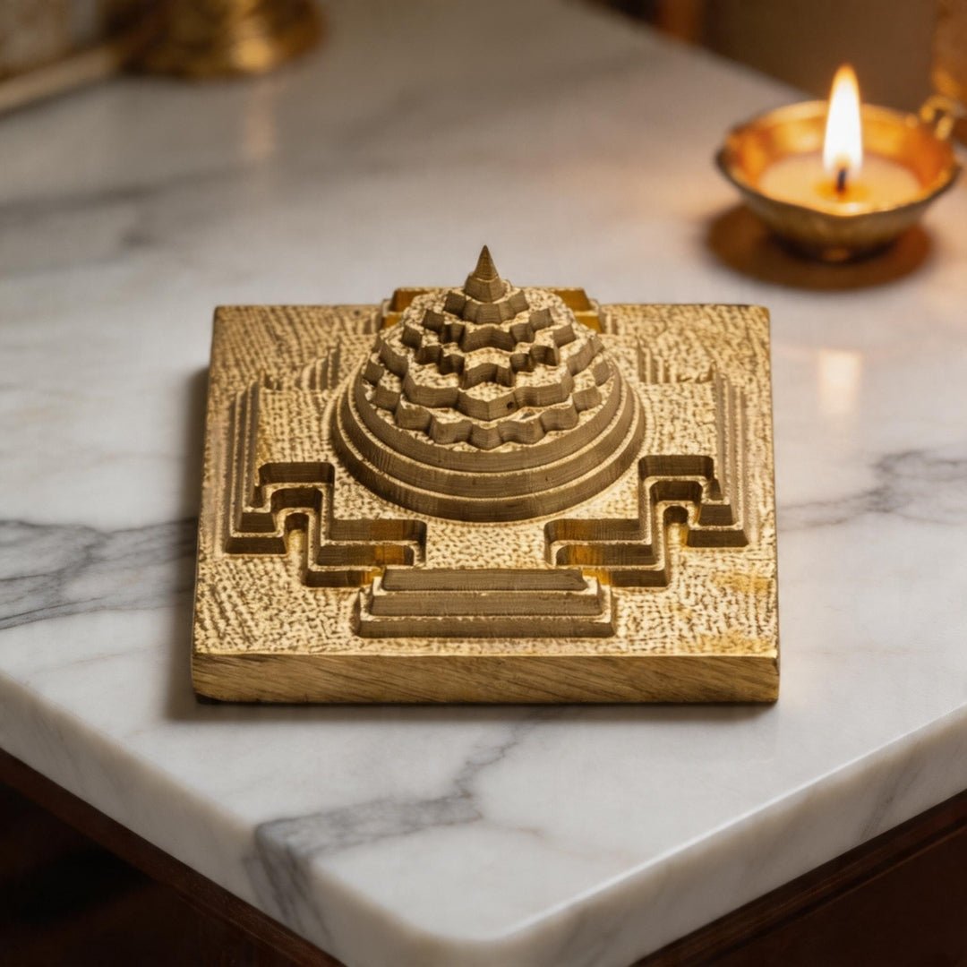 Meru Shri Yantra Gold Plated - 3D Vastu Yantra for Wealth & Prosperity, Home & Office Pooja, CNC Cut - plusvalueindia