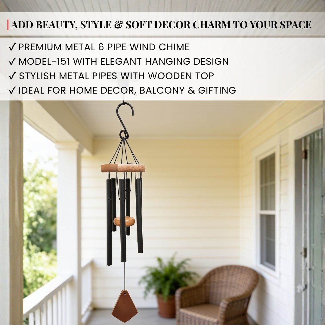 Feng Shui Metal Wind Chimes for Home Bungalow Villa Garden Decor 6 Pipes [42 Inches, Black Color, Big Size] (Model W-151) - plusvalueindia