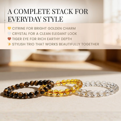 Premium Trio Bracelets Citrine, Crystal & Tiger Eye - plusvalueindia