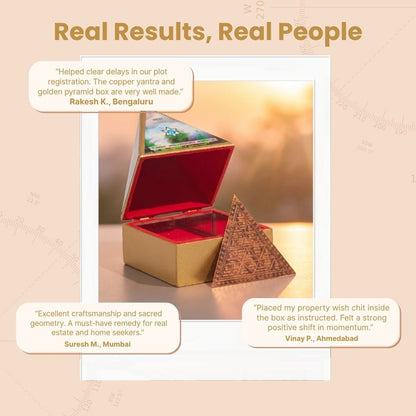 Bhoomi Dosh Nashak Yantra packed in a protective velvet pouch inside a rigid presentation gift box with installation instructions