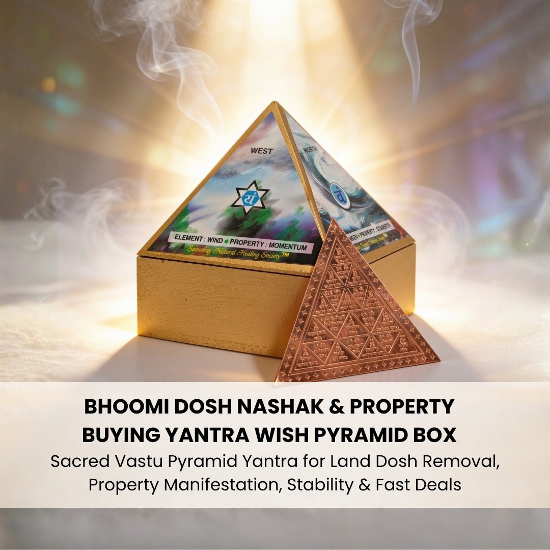 Sacred Bhoomi Dosh Nashak Yantra placed on a wooden puja altar beside property registry documents, fresh yellow flowers, and a brass diya