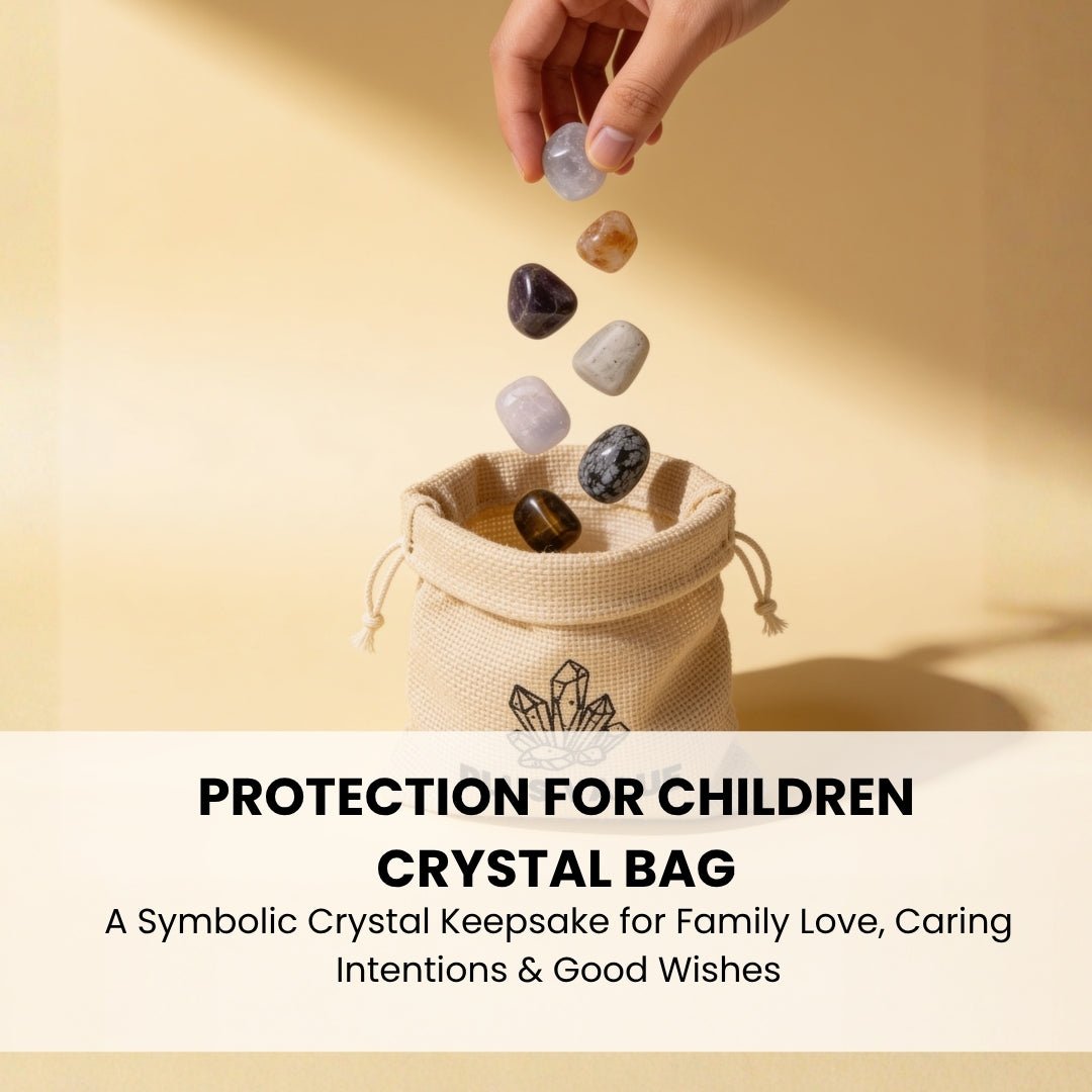 Selection of polished child protection crystals resting in hand showing rounded edges and worry stone size
