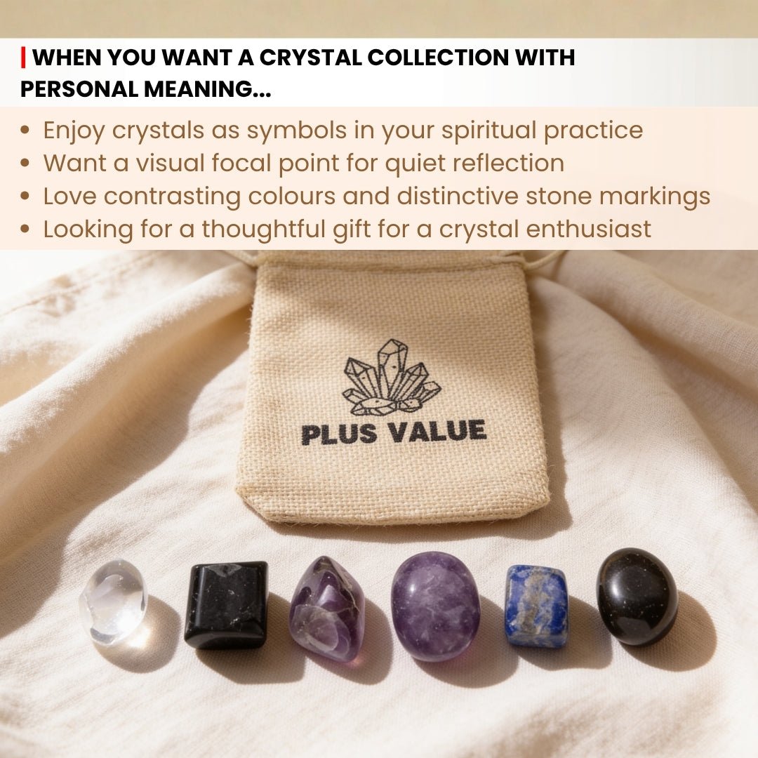Scale measurement graphic showing 15 mm to 25 mm smooth tumbled crystals included in psychic protection kit