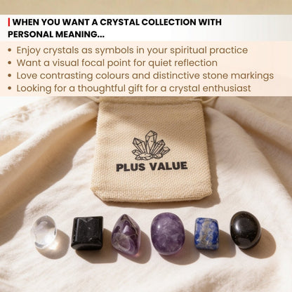 Scale measurement graphic showing 15 mm to 25 mm smooth tumbled crystals included in psychic protection kit