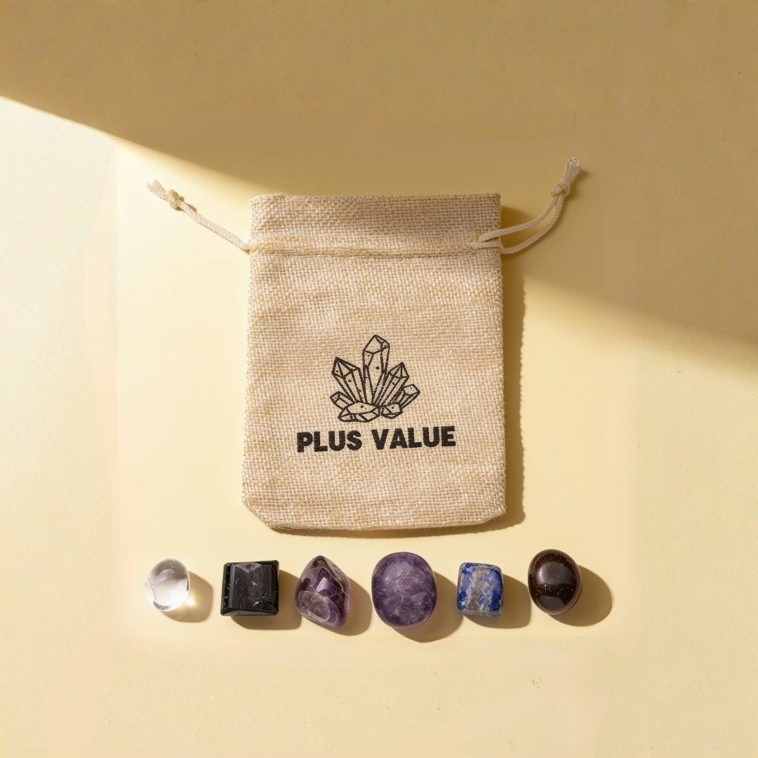 Psychic Awareness and Protection pocket crystal bag featuring intuitive shielding tumbled gemstones in a drawstring pouch
