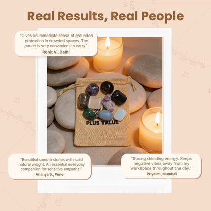 Complete psychic defence crystal healing kit nestled in an elegant gift box with crystal identification and protection guide