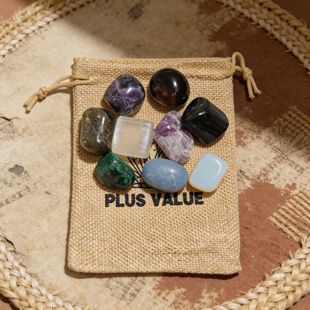Curated psychic defence crystal bag featuring Black Tourmaline, Amethyst, Labradorite, Selenite, and Tiger Eye tumbled stones