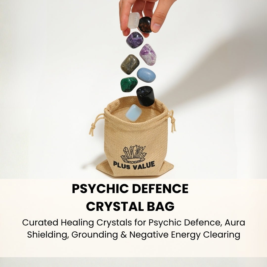 Psychic defence crystal pouch placed on an office desk beside a laptop and entrance console to repel draining psychic energies