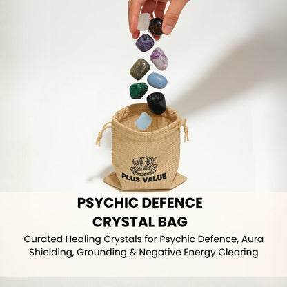 Psychic defence crystal pouch placed on an office desk beside a laptop and entrance console to repel draining psychic energies