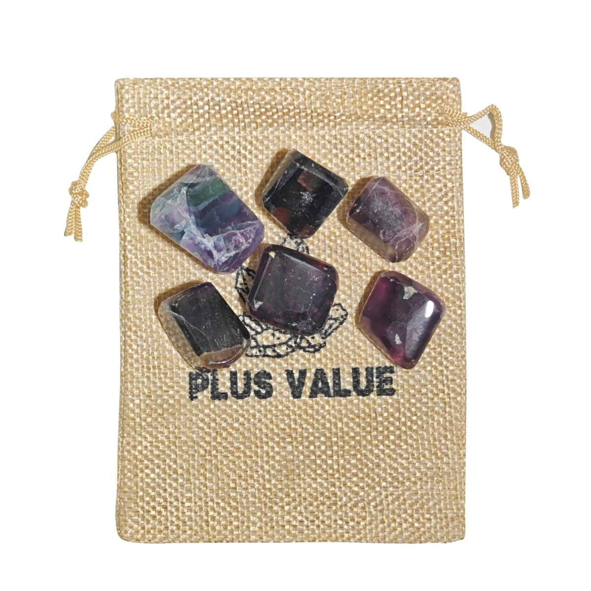 Natural Purple Fluorite tumbled stone pebbles 100 gm displayed beside an eco-friendly drawstring jute pouch