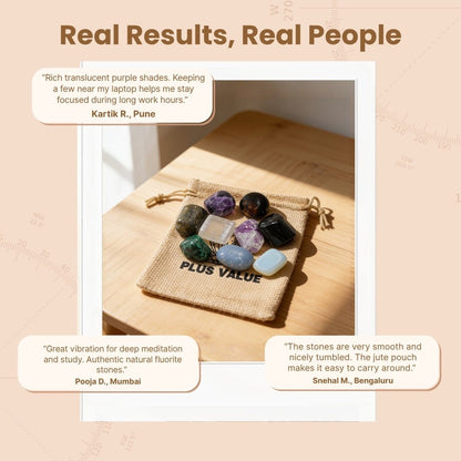 100g Purple Fluorite tumbled stones in a natural jute pouch nestled inside an elegant branded gift box with crystal identification card