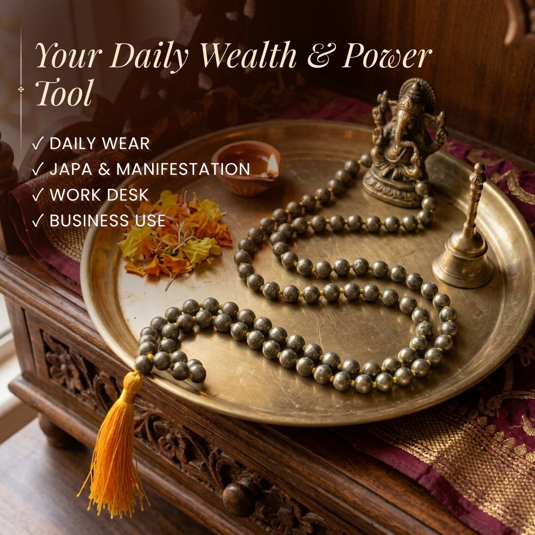 Original Pyrite Japa Mala Necklace 108 + 1 Bead (Knotted) to Attract Abundance, Prosperity & Good Luck, Money Magnet - plusvalueindia