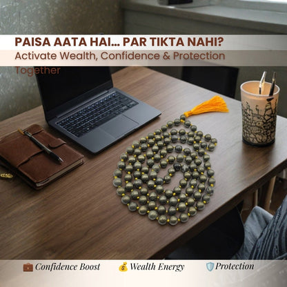 Original Pyrite Japa Mala Necklace 108 + 1 Bead (Knotted) to Attract Abundance, Prosperity & Good Luck, Money Magnet - plusvalueindia