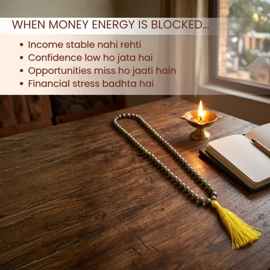 Original Pyrite Japa Mala Necklace 108 + 1 Bead (Knotted) to Attract Abundance, Prosperity & Good Luck, Money Magnet - plusvalueindia