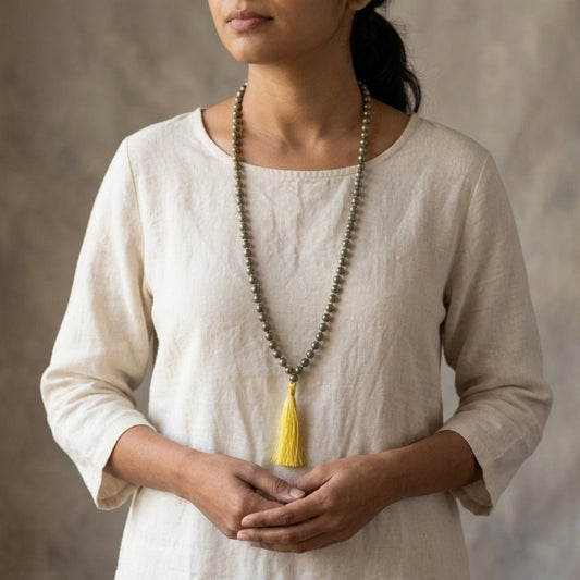 Original Pyrite Japa Mala Necklace 108 + 1 Bead (Knotted) to Attract Abundance, Prosperity & Good Luck, Money Magnet - plusvalueindia
