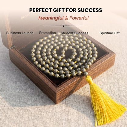 Original Pyrite Japa Mala Necklace 108 + 1 Bead (Knotted) to Attract Abundance, Prosperity & Good Luck, Money Magnet - plusvalueindia