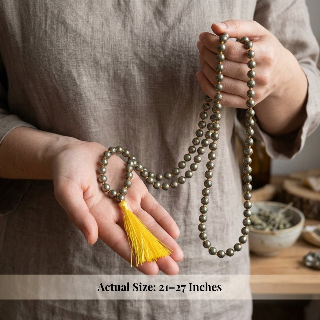 Original Pyrite Japa Mala Necklace 108 + 1 Bead (Knotted) to Attract Abundance, Prosperity & Good Luck, Money Magnet - plusvalueindia