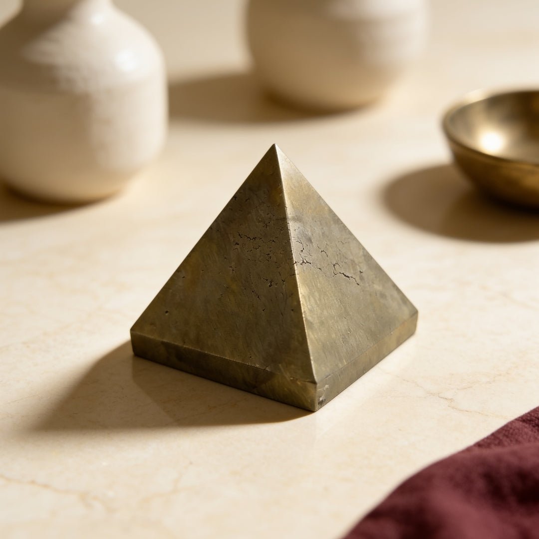 Pyrite Pyramid Money Magnet Stone for Career, Business Opportunities, Wealth Attraction (Size: 1inch to 1.5inch approx) - plusvalueindia