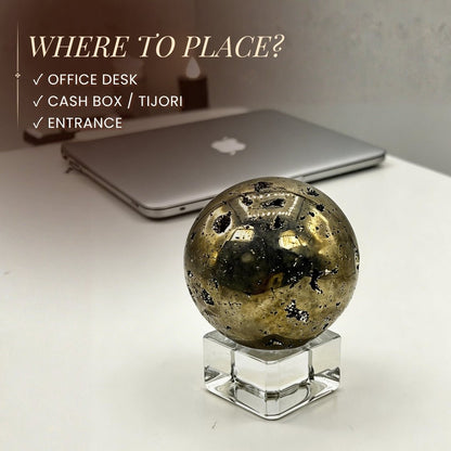 Pyrite Stone Ball Sphere with Crystal Stand Money Magnet Stone for Career & Business Opportunities - plusvalueindia