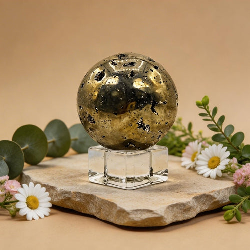 Pyrite Stone Ball Sphere with Crystal Stand Money Magnet Stone for Career & Business Opportunities - plusvalueindia