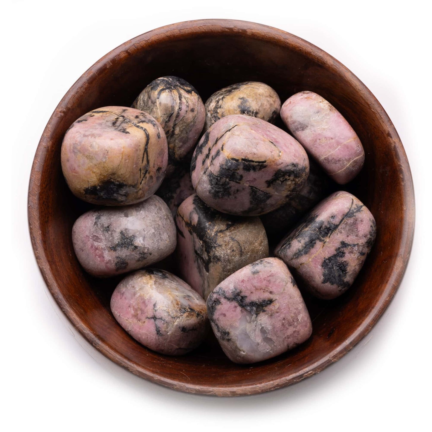 rhodonite tumble pebble stone 300gm wooden bowl