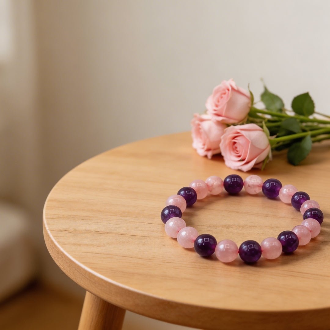 Rose Quartz and Amethyst Bracelet For Mind Healing And Love, Romance, Relationship - plusvalueindia