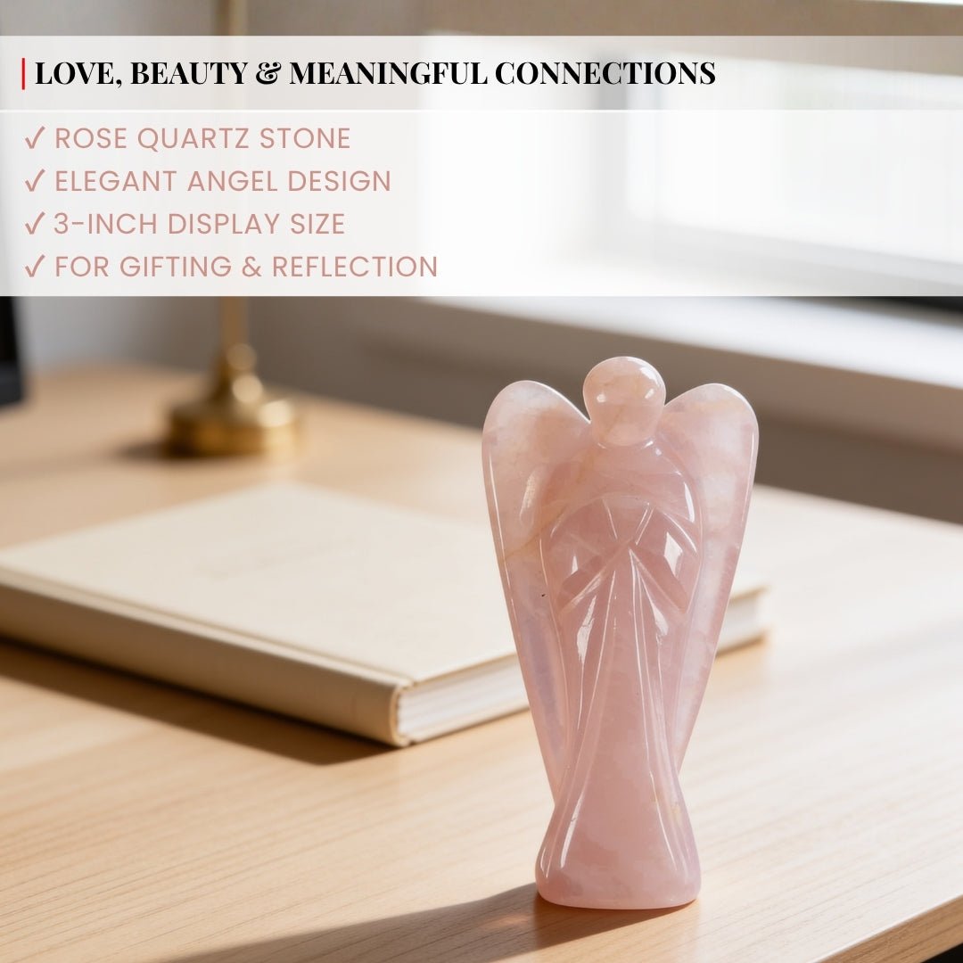 Scale measurement graphic indicating 3-inch height, width, and base depth of Rose Quartz angel carving